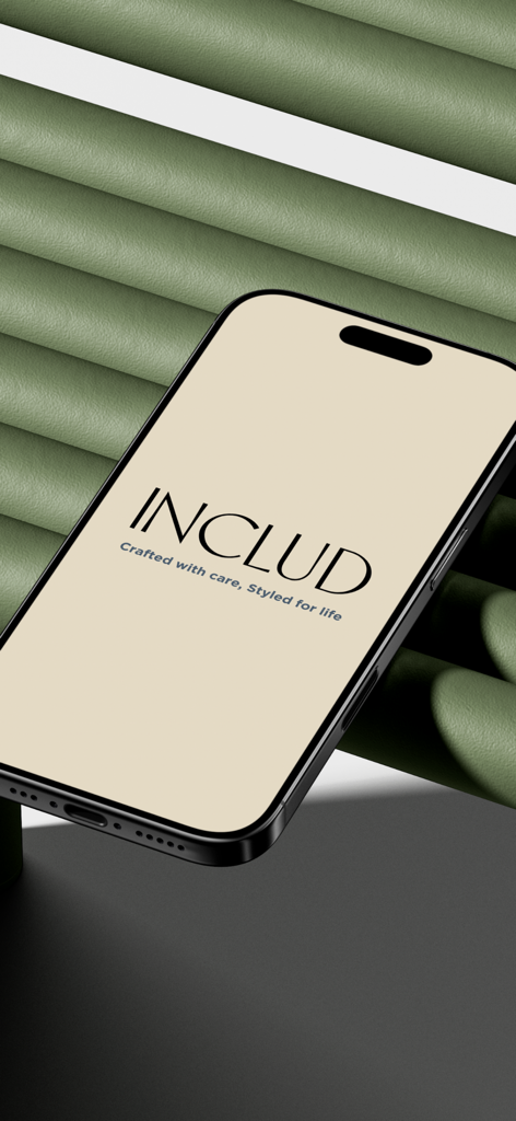 INCLUD - Smartphone screen showing the INCLUD app logo and tagline on a beige background