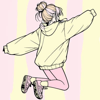 realistic girl jumping with a bun and oversized sweatshirt