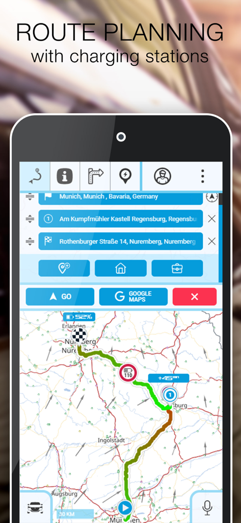 Interfaz de la aplicación Navegación para VE que muestra una ruta planificada con estaciones de carga integradas en un mapa