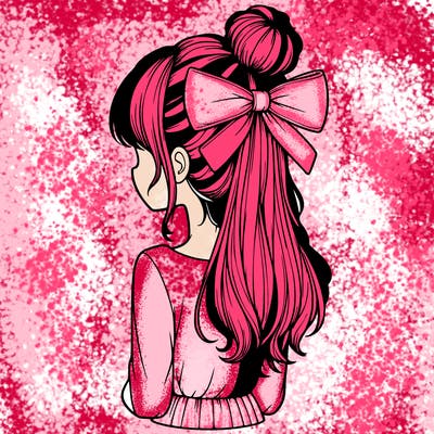 realistic girl  with hip length hair a bun and a big bow on the back of head