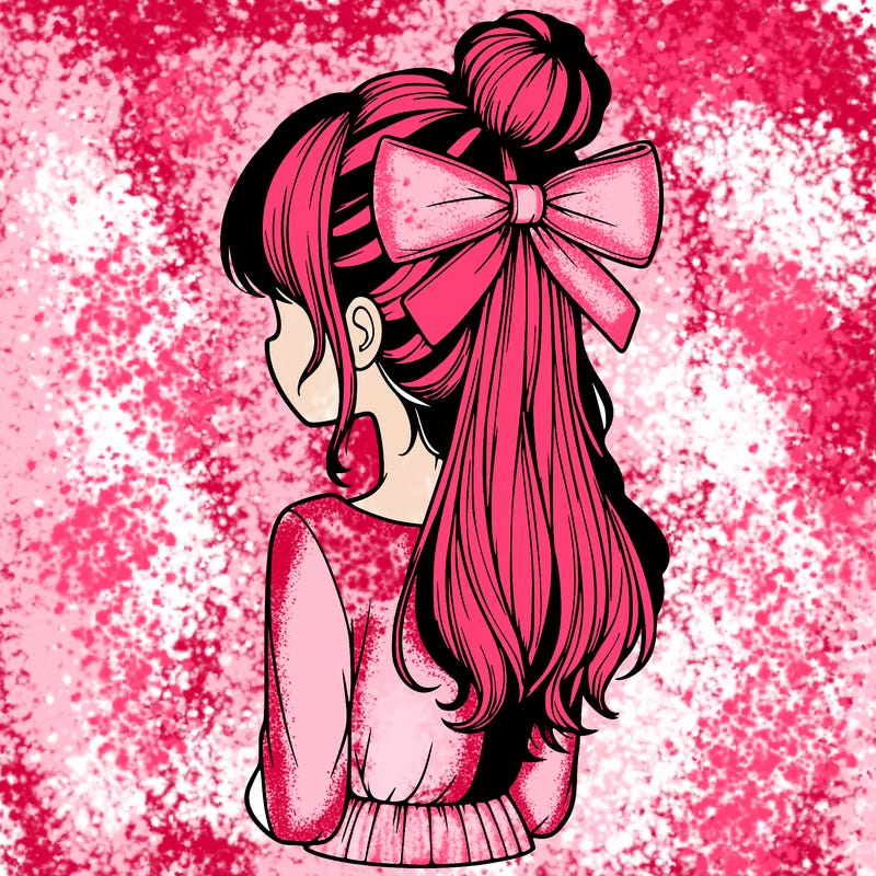 realistic girl  with hip length hair a bun and a big bow on the back of head