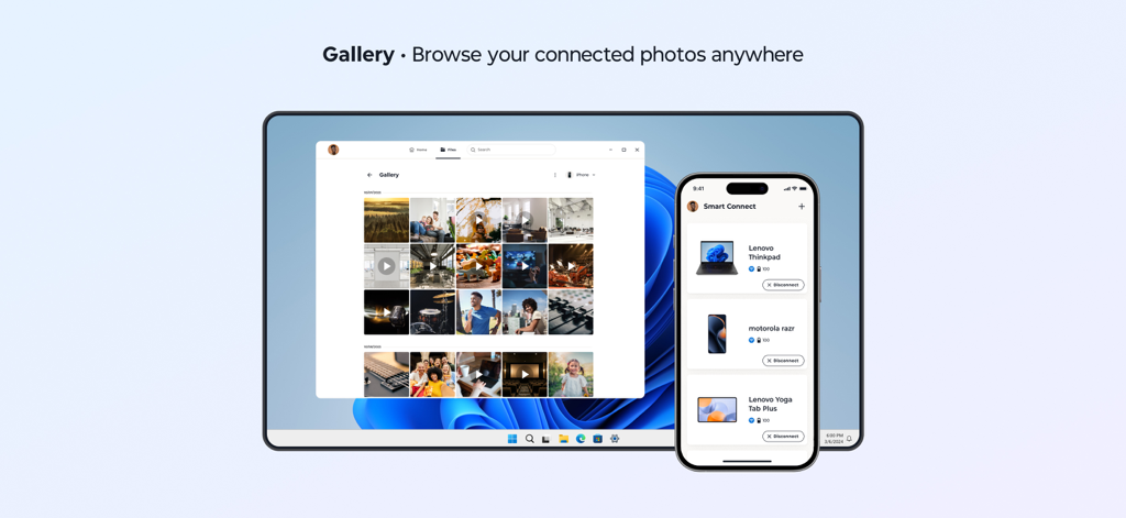 Lenovo Smart Connect app showing a photo gallery on a laptop screen and connected devices on a smartphone.