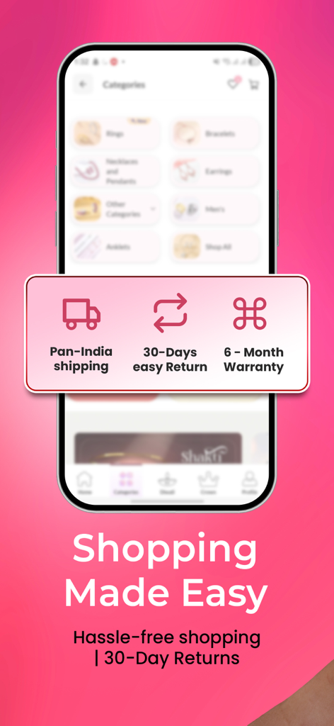 GIVA: Silver & Gold Jewellery - Interface do aplicativo GIVA exibindo benefícios de compras, incluindo frete Pan-Índia, devoluções em 30 dias e garantia de 6 meses.