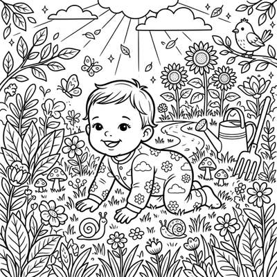 Dive into a world of natural wonder with this charming coloring page, perfect for teens. It features an adorable baby happily exploring a vibrant garden filled with detailed elements waiting for your artistic touch.