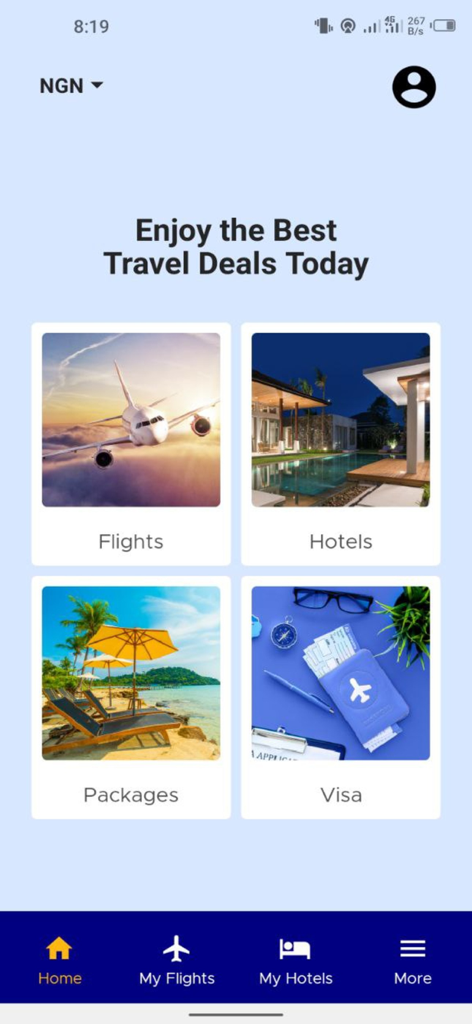 Travelbeta - Travelbeta mobile app home screen with flights hotels packages and visa booking options