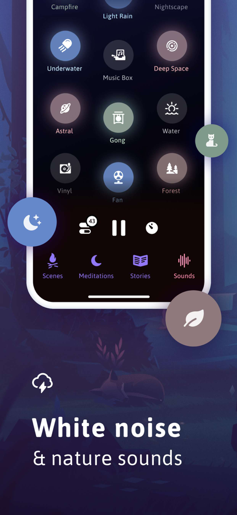Interface of the Sleep app displaying icons for white noise and nature sounds including forest and underwater