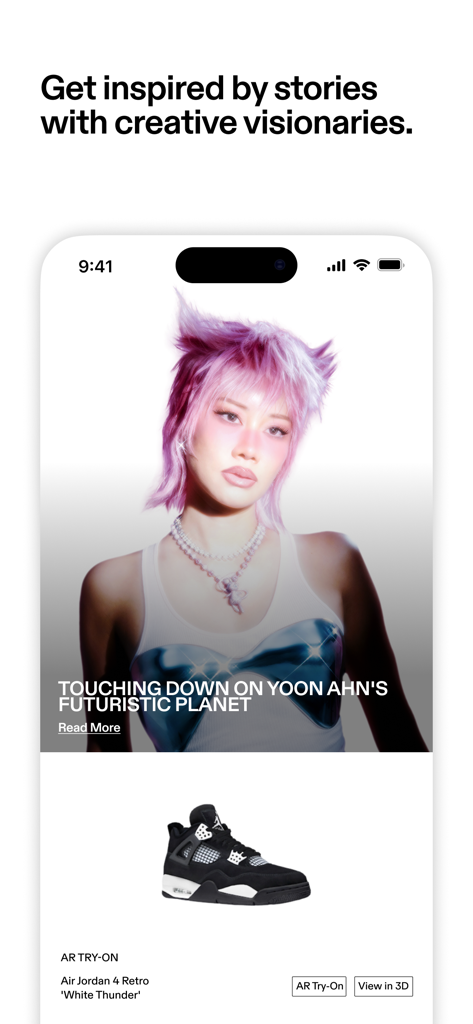 GOAT – Sneakers & Apparel - GOATアプリの画面には、Yoon Ahnに関する編集記事とスニーカーのAR試着機能が表示されています