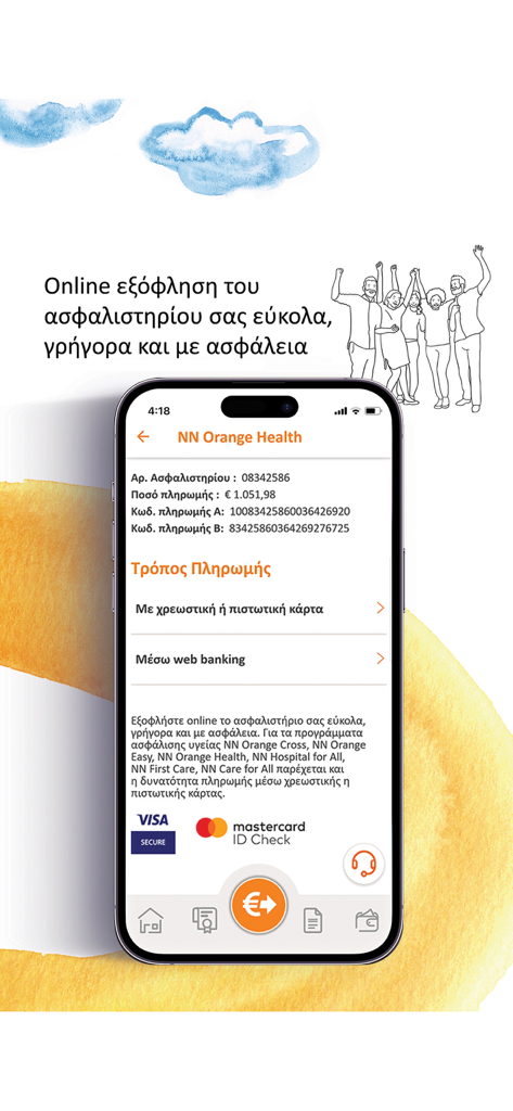 Online payment screen for NN Orange Health insurance policy on the myNN mobile app showing credit card and web banking options.