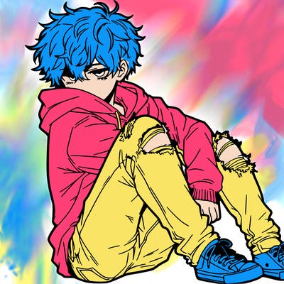 a male hoddie ripped jeans messy hair anime