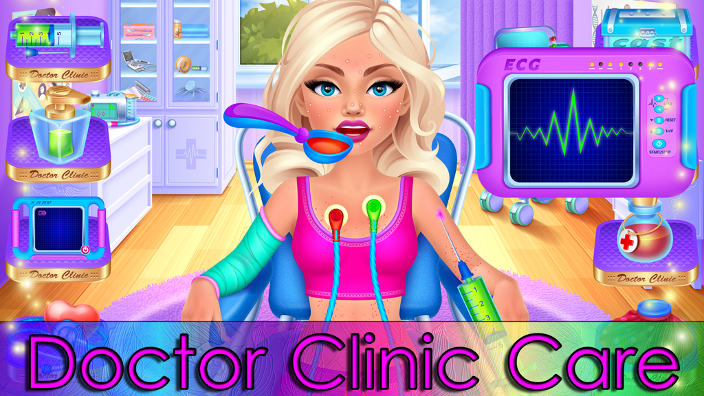 Un personaje de una niña rubia recibiendo tratamiento médico en un nivel de juego con temática de clínica médica
