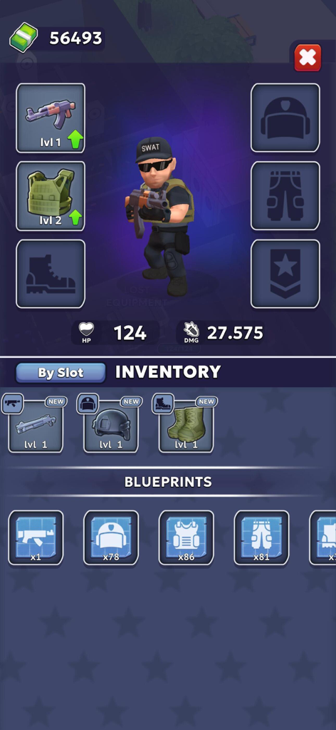 SWAT 2: Hero Squad - Schermata dell'inventario del personaggio di SWAT 2 Hero Squad che mostra equipaggiamento tattico e progetti di attrezzature