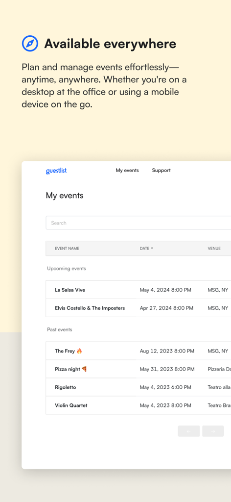 Guestlist: Guest List App - Panel de escritorio de la aplicación Guestlist que muestra una lista de eventos próximos y pasados con fechas y lugares