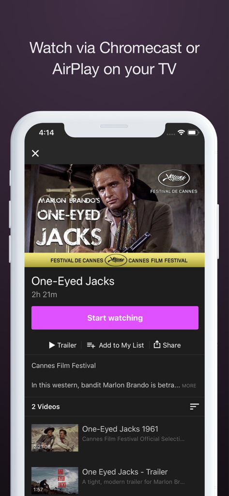 HighballTV - HighballTV mobile app interface showing movie details for the film One-Eyed Jacks with a purple start watching button and casting options