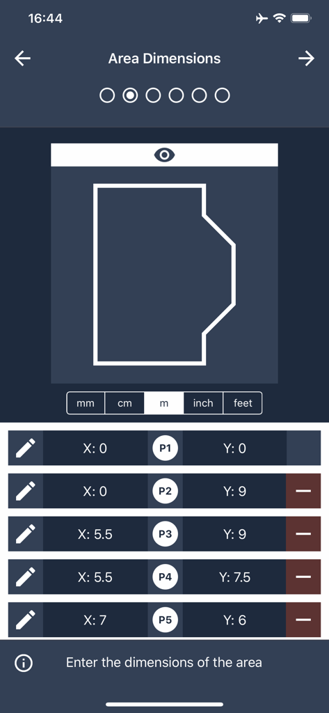 Interface of the Floor Covering app showing the area dimensions screen with a floor layout map and coordinate point inputs