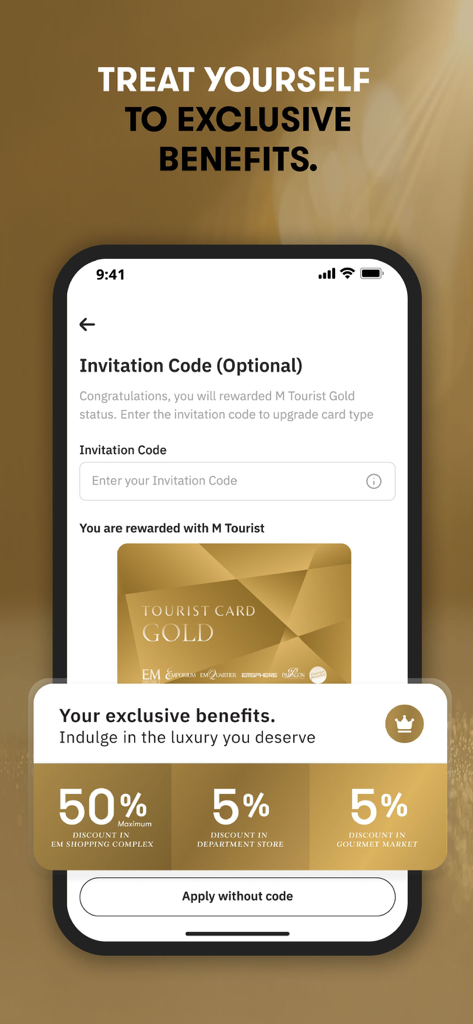 M Tourist Thailand - M Tourist Thailand app screen showing gold status rewards including fifty percent discount at EM Shopping Complex and five percent at department stores.