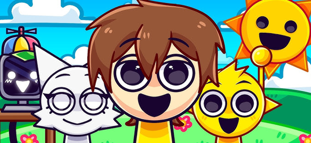 Colorful cartoon characters from the Sprunki Game featuring a boy, a cat, and a smiling sun