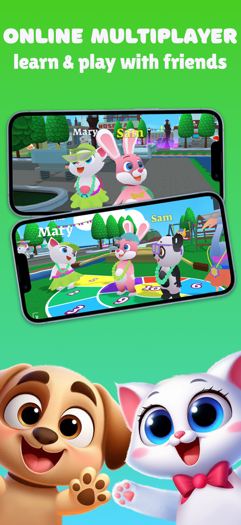 Kidduca 3D online multiplayer feature showing children learning and playing with animal avatars.