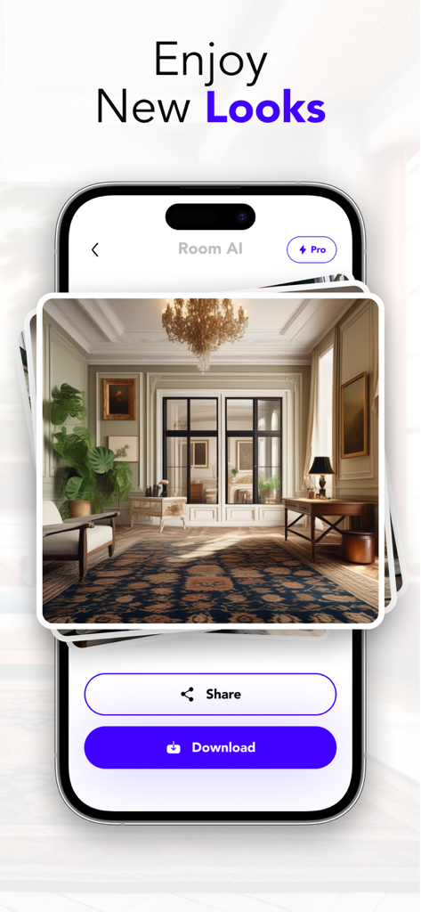 Casa AI Deco Interior Design - Una pantalla de aplicación móvil que muestra un diseño de habitación clásico generado por IA con opciones para compartir y descargar