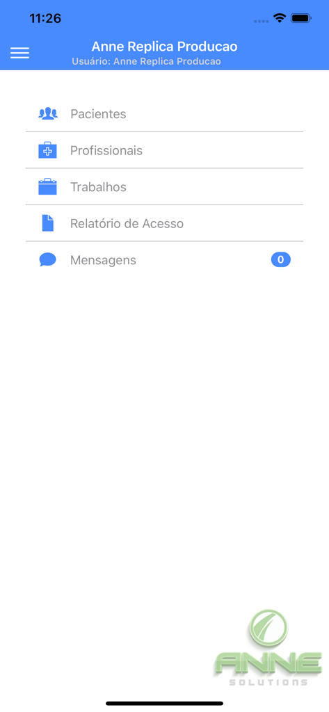 Easy Doc Anne Solutions - Menu principal de l'application dentaire Easy Doc montrant les catégories pour patients, professionnels, travaux, rapports et messages.