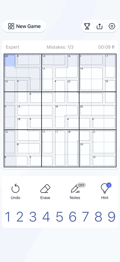 Killer Sudoku - Puzzle Games - Expert level Killer Sudoku grid showing sum cages and game controls