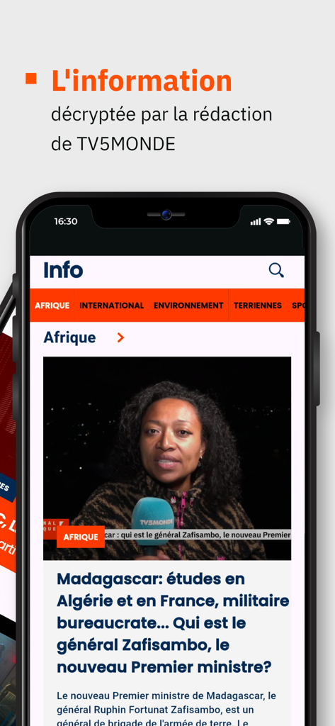 TV5MONDE Mobile App-Oberfläche mit dem Nachrichtenbereich Afrika auf Französisch