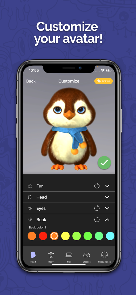 Captura de pantalla de la interfaz de la aplicación Animaze que muestra un avatar de pingüino 3D con varias opciones de personalización para el color del pelaje, los ojos y el pico.