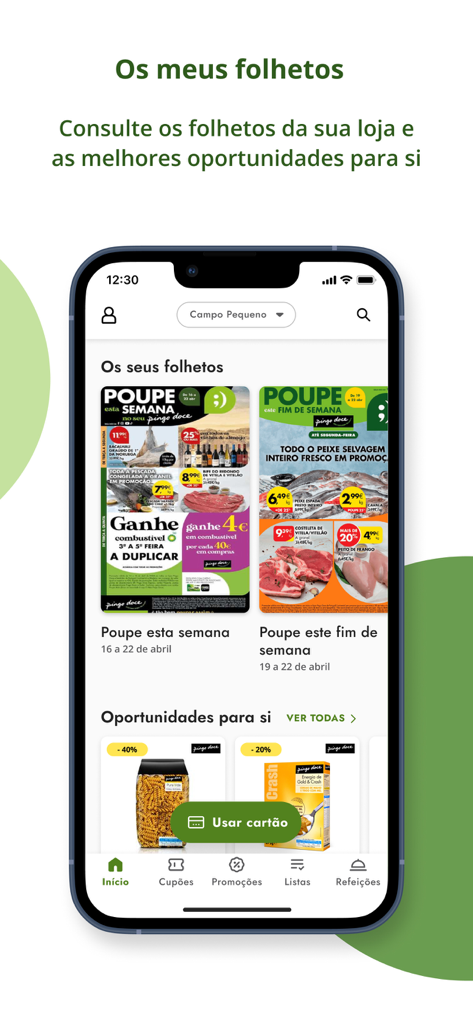 Pantalla de smartphone mostrando la app O Meu Pingo Doce con folletos digitales y descuentos personalizados en comestibles.