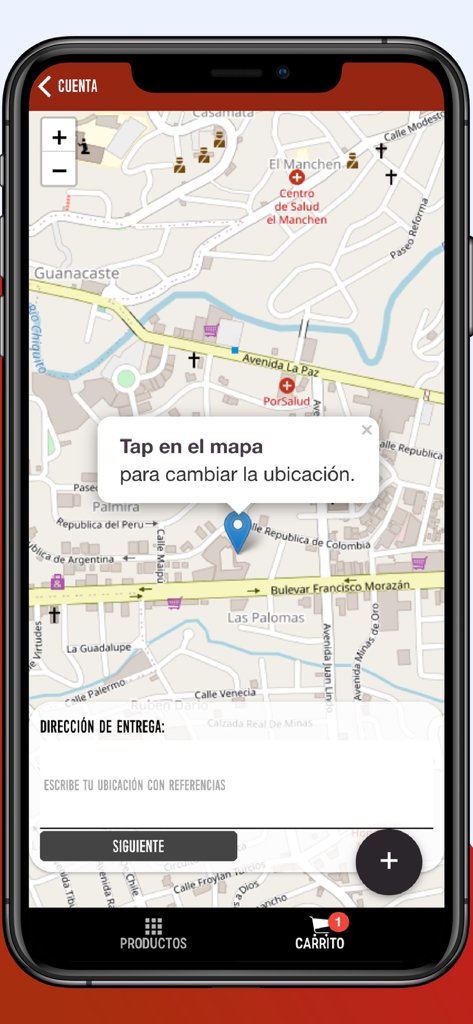 Mirawa app delivery address selection screen with a map and location input field