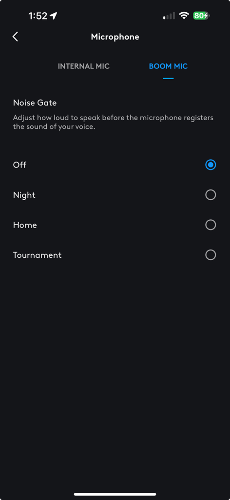 Logitech G - The microphone settings screen in the Logitech G mobile app displaying noise gate options for a boom mic including Off, Night, Home, and Tournament.