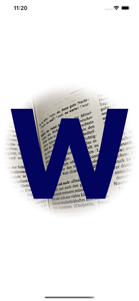 A large blue letter W displayed over a background of an open German dictionary page