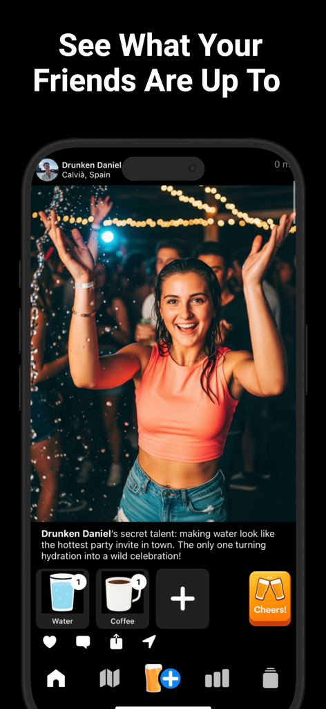 Beer Buddy app interface showing a friends party photo with options to log drinks and send a cheers reaction