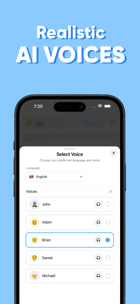 Voice AI - Labs AI Voices - Pantalla de teléfono inteligente mostrando el menú de selección de voz con opciones de voz de IA realistas