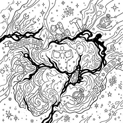 Journey to the stars this Father's Day with our extraordinary Trifid Nebula coloring page, a celestial tribute filled with intricate cosmic patterns and heartfelt dad-themed symbols. This unique design blends the awe-inspiring beauty of the cosmos with special touches like tools, ties, and stars, creating a perfect artistic gift for your cosmic dad.