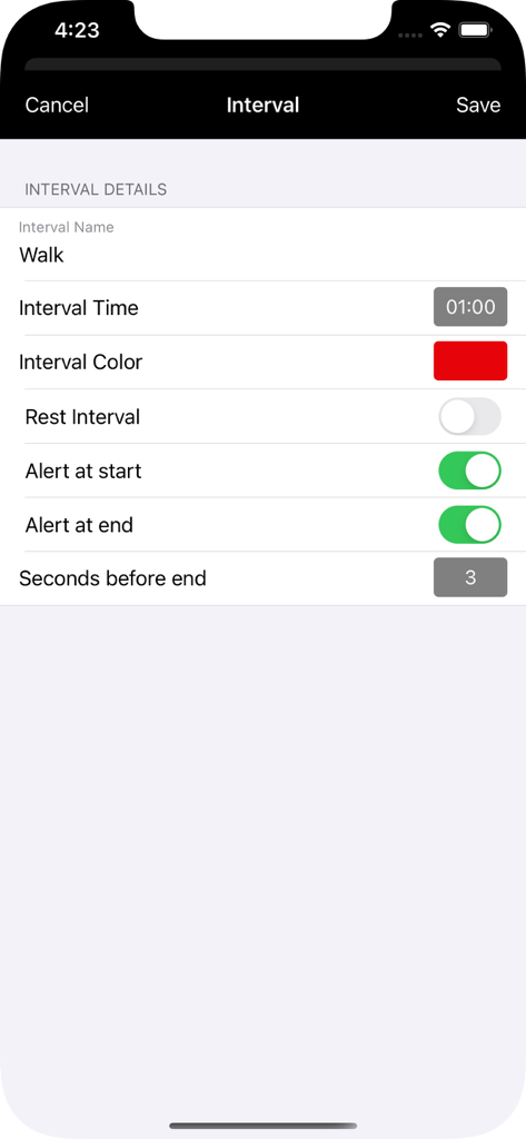 Intervals Timer - A workout interval setting screen in the Intervals Timer app showing options for interval name, time, color, and alerts.