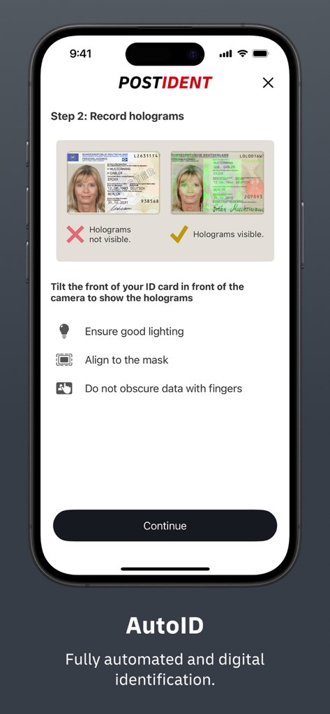 POSTIDENT - Schermata delle istruzioni nell'app POSTIDENT per la registrazione di ologrammi su una carta d'identità tramite AutoID.
