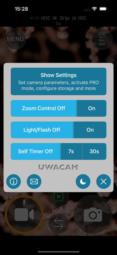 UWACAM - Menu de configurações do aplicativo UWACAM com controles de zoom, flash e temporizador