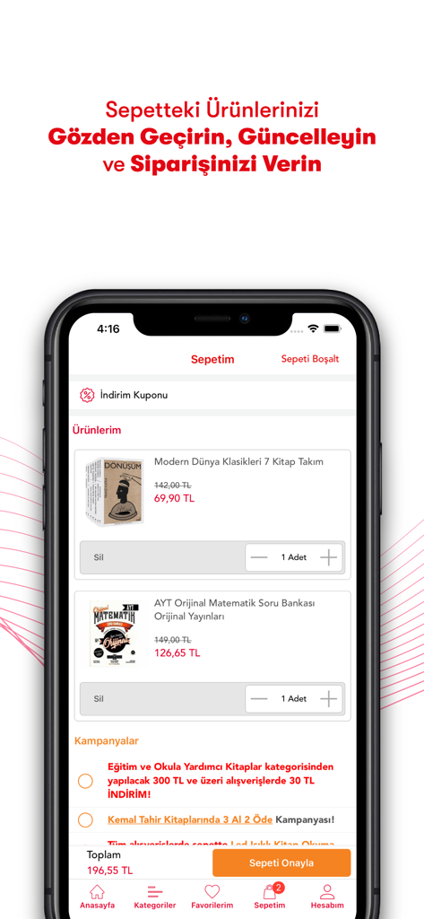 Bkmkitap - Bkmkitap mobile app shopping cart interface showing Turkish book sets and academic resources with checkout options