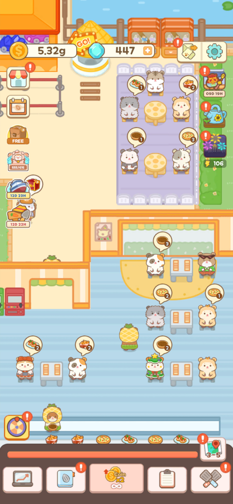 Ham's Kitchen : Cute Food Game - Uma captura de tela da jogabilidade de Hams Kitchen mostrando personagens hamsters fofos jantando em um restaurante colorido