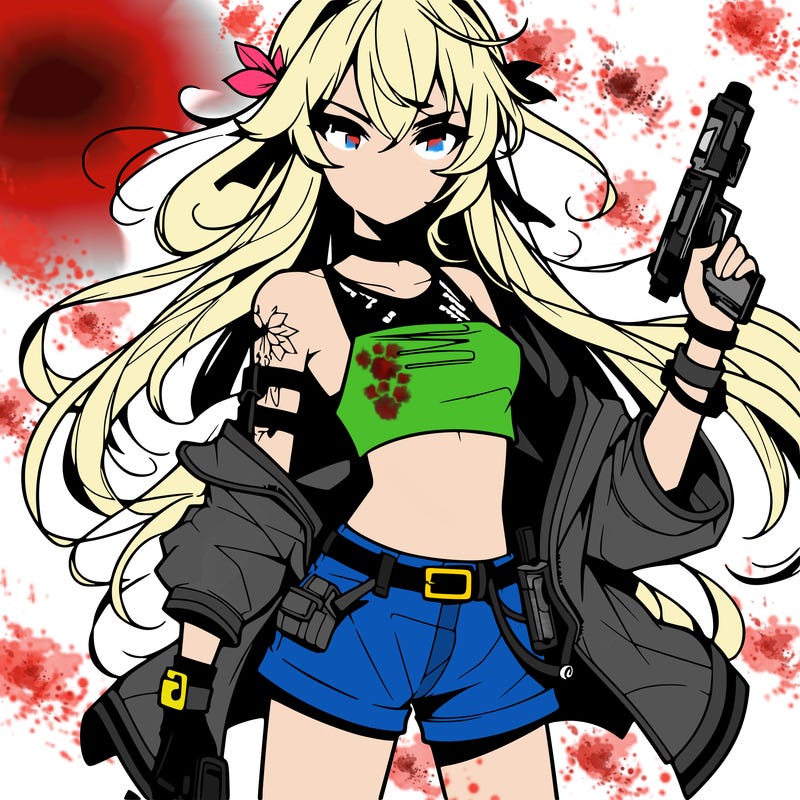 bad girl wearing crop top holding a gun long hair anime