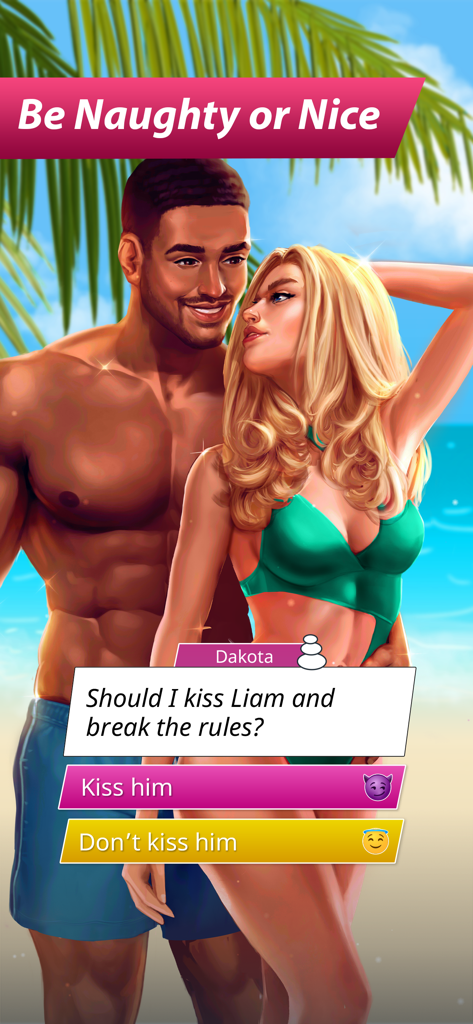 THTH: Love Is a Game NETFLIX - Un menú de opciones en THTH Love Is a Game NETFLIX donde los personajes Dakota y Liam están en una playa con opciones para besar o no.