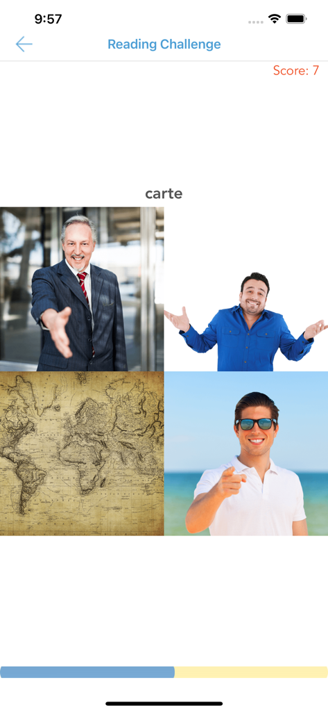 Bildschirm einer Leserausforderung in der App Französisch für Anfänger, der das Wort carte mit einer Kartenabbildung verknüpft.