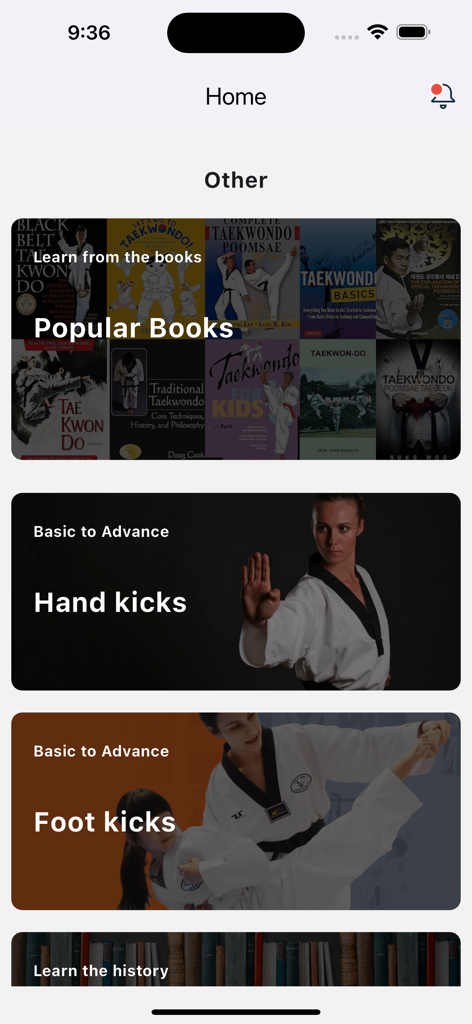 Taekwondo School - Home screen of the Taekwondo School app featuring training modules for books, hand kicks, and foot kicks.