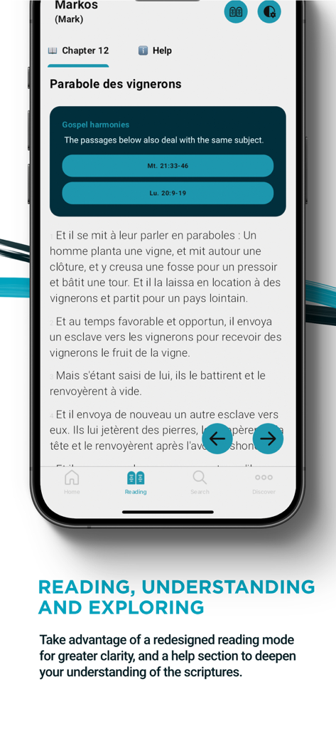 Bible de Yéhoshoua Mashiah - Interface of the Bible de Yehoshoua Mashiah app showing a scripture reading mode with cross-references and gospel harmonies