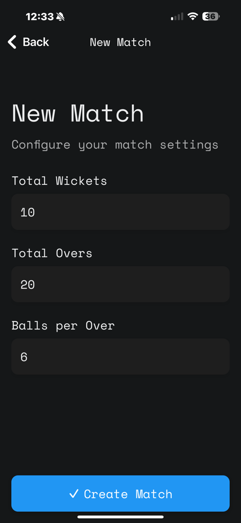 Gully Cricket Scorer - Konfigurationsbildschirm für ein neues Cricket-Spiel mit Optionen für die Gesamtzahl der Wickets und Over
