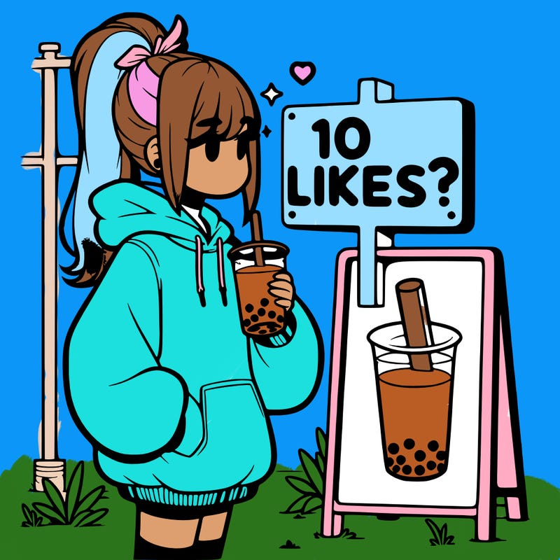 girl with oversized hoodie drinking boba and she has a high ponytail with a sign that says 10likes?