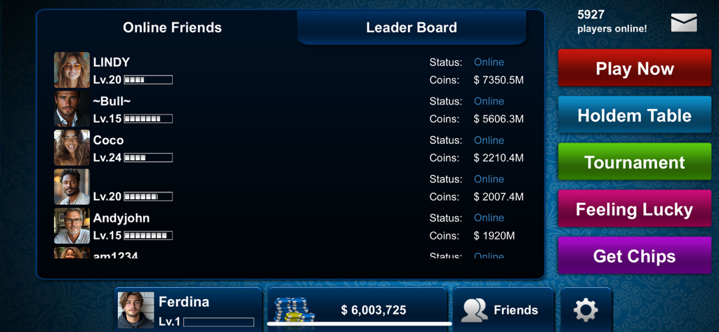 Texas Holdem Poker - Main menu of the Texas Holdem Poker app showing online friends list with avatars and game mode selection buttons like Play Now and Tournament.