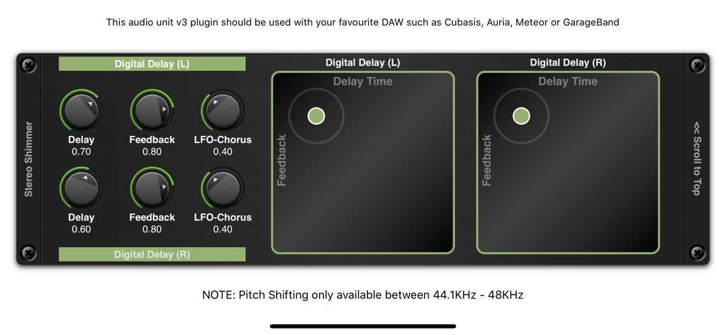 Shimmer AUv3 Audio Plugin - Digital delay interface of the Shimmer AUv3 audio plugin featuring control knobs and XY pads