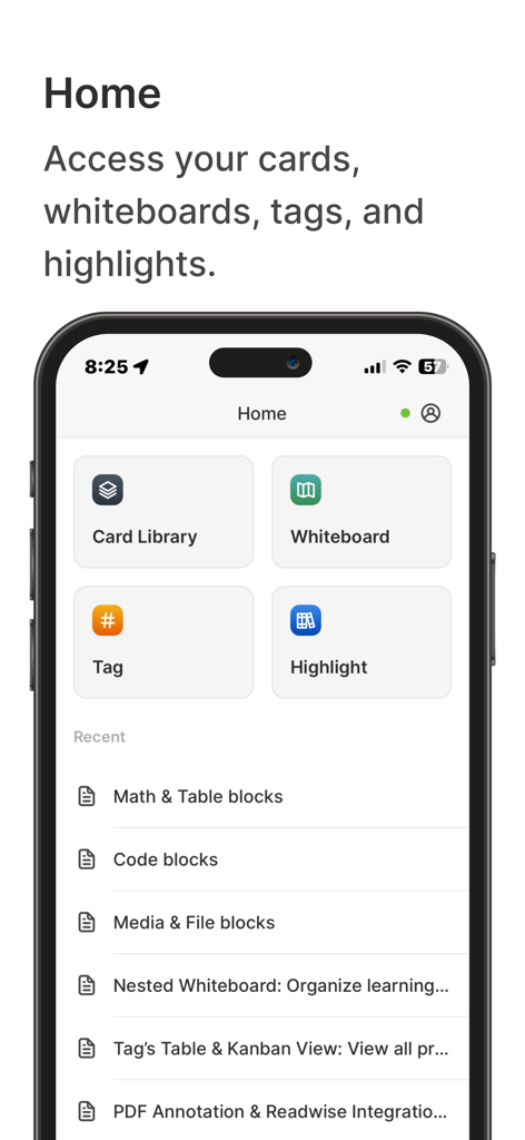 Heptabase mobile app dashboard showing icons for card library whiteboards tags and highlights with a list of recent notes
