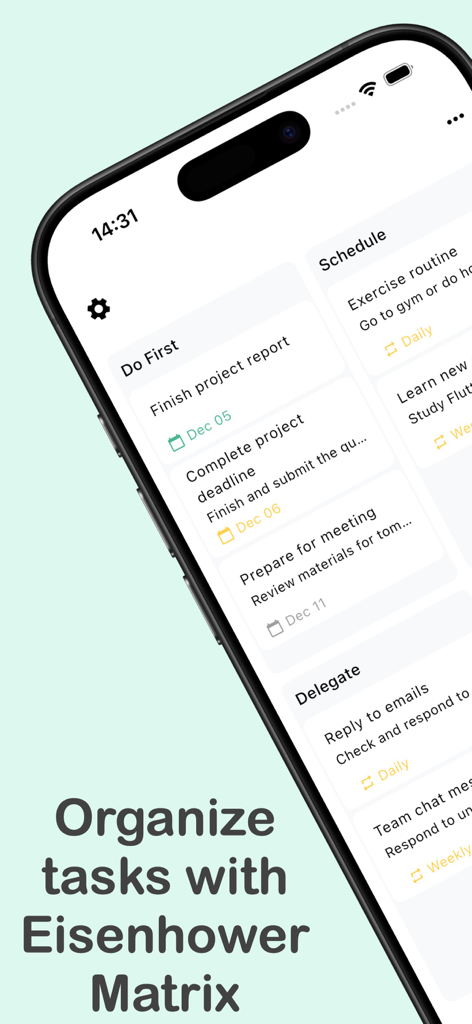 Eisenhower Matrix:Task Planner - アイゼンハワーマトリックス法を使用して優先順位付けされたタスクを表示するiPhone画面