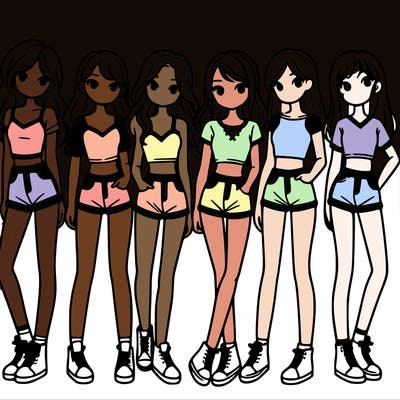 a group of girls wearing crop tops and shorts